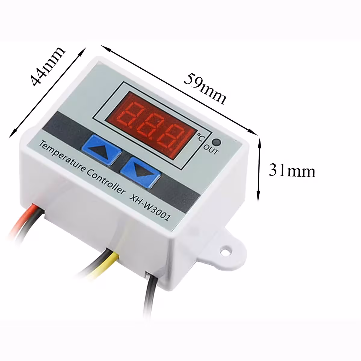 Slika z natančnimi dimenzijami termostata XH-W3001: dolžina, širina in debelina