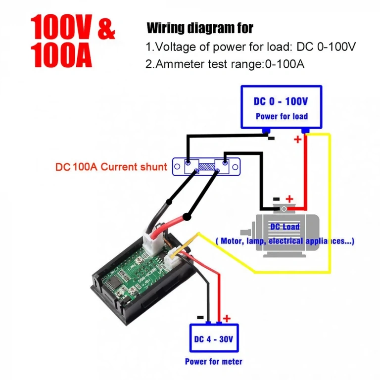 Shema montaže volt/ampermetra za napajanje do 100V DC Diagram povezav za visokonapetostno (do 100V) digitalno voltmeter