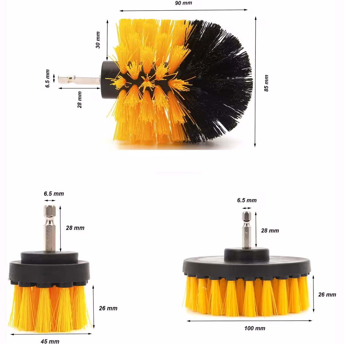 Slika treh ščetk in dimenzij: 12 cm, 8,5 cm, 5 cm