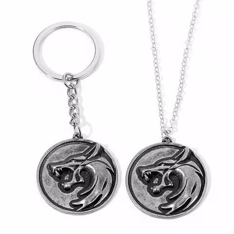 Set ogrlica in obesek The Witcher – medaljon volčje glave srebrne barve, darilo za oboževalce The Witcher