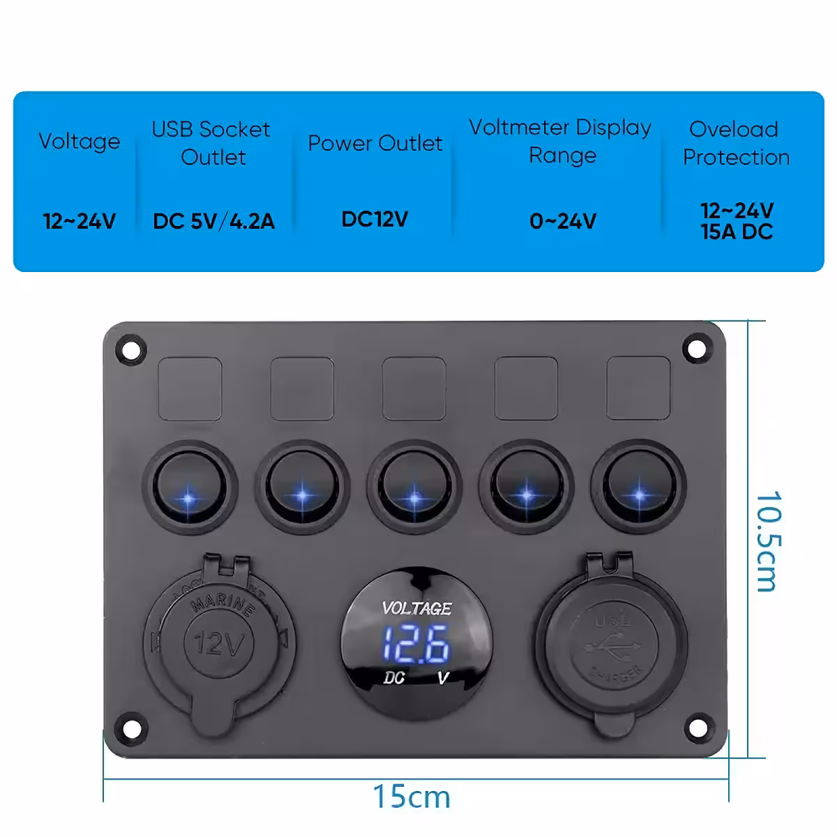 Plošča s stikali on/off z LED, dvojni USB polnilec in voltmeter, idealno za avtomobile in stroje