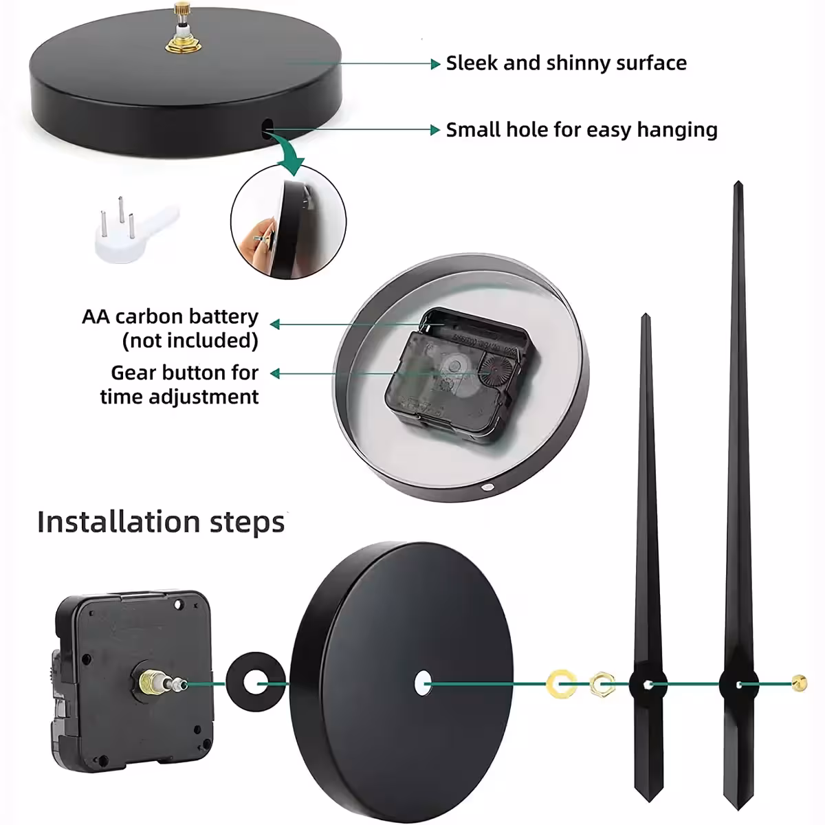 Velika 3D stenska ura s črnimi sijočimi številkami, tiho delovanje