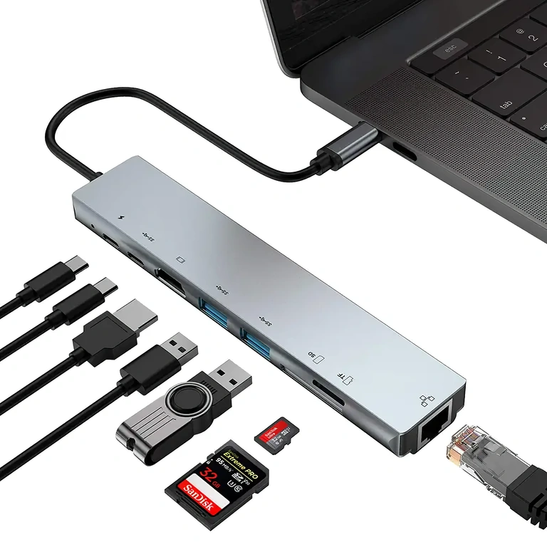 USB-C adapter z HDMI, RJ45, USB in čitalcem kartic za prenosnike
