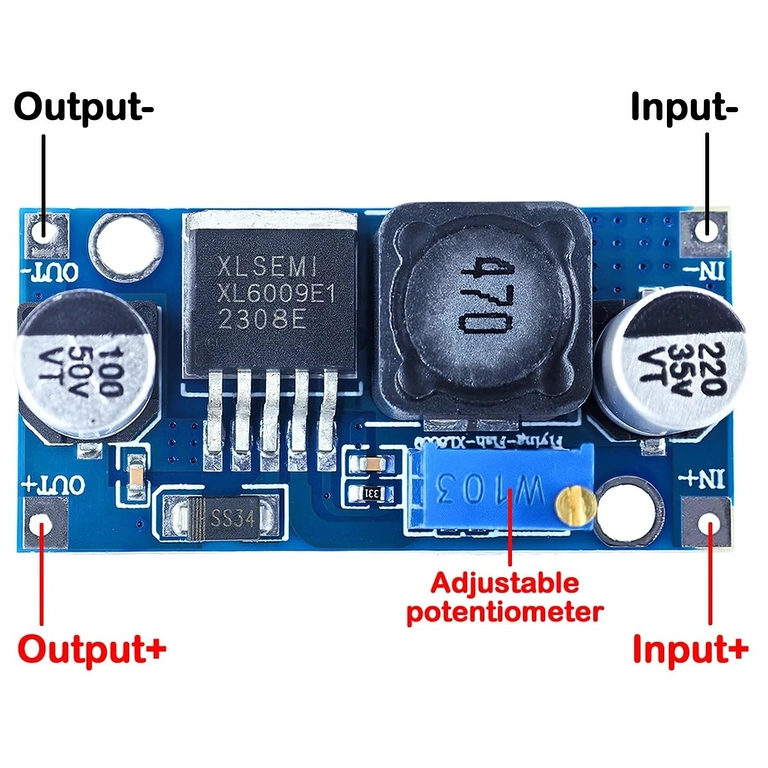 Povezava XL6009 modula Diagram povezave XL6009 modula za vhod in izhod