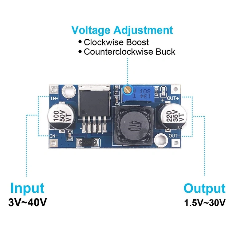 Diagram povezave LM2596S DC-DC step-down modula z nastavitvijo napetosti 1,25–35V