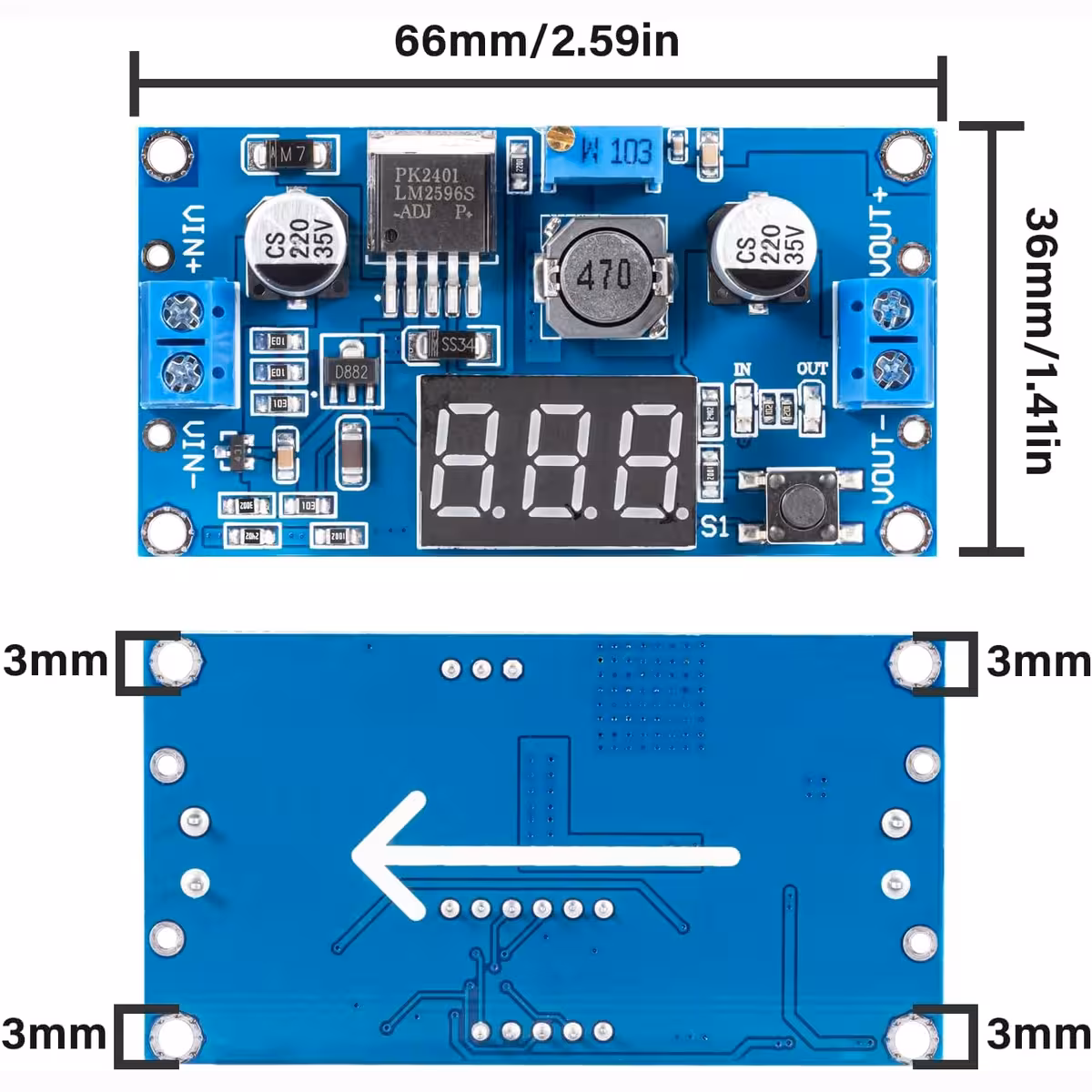 LM2596 Step Down 3A modul, sprednji, zadnji in dimenzije prikazane