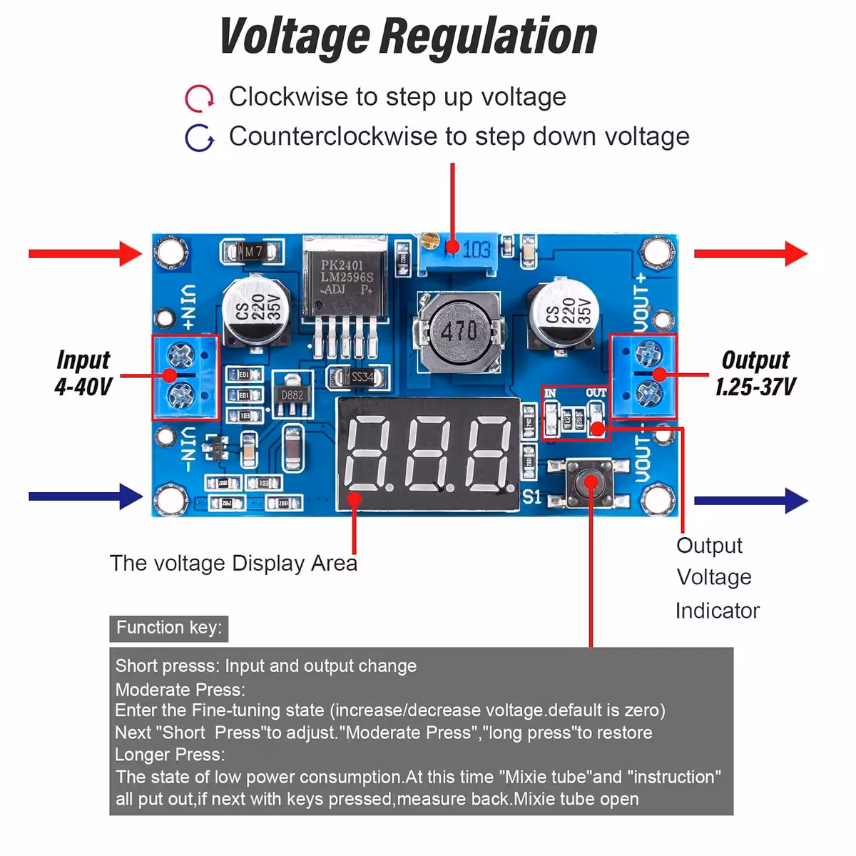 Primer povezave vhod/izhoda na LM2596 modulu