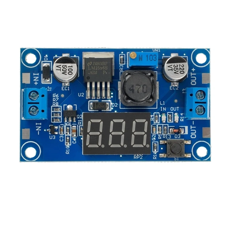 LM2596 modul – sprednji pogled LM2596 step-down modul z zaslonom – sprednji pogled