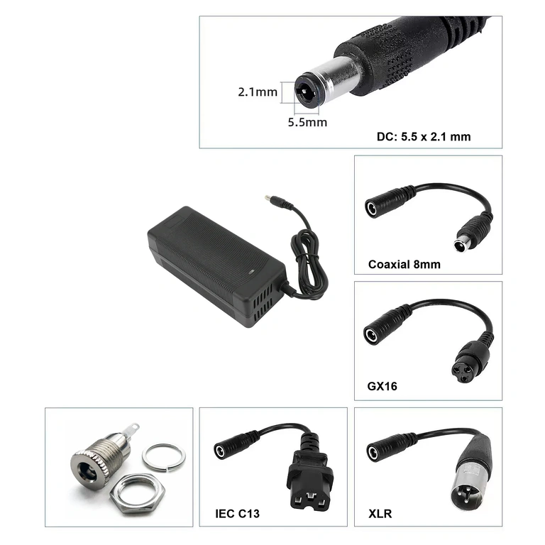 Polnilec z DC vtičem 5,5×2,1 mm Polnilec 36V–42V 3A s priključkom DC 5.5×2.1 mm, združljiv z električnimi skiroji in kolesi