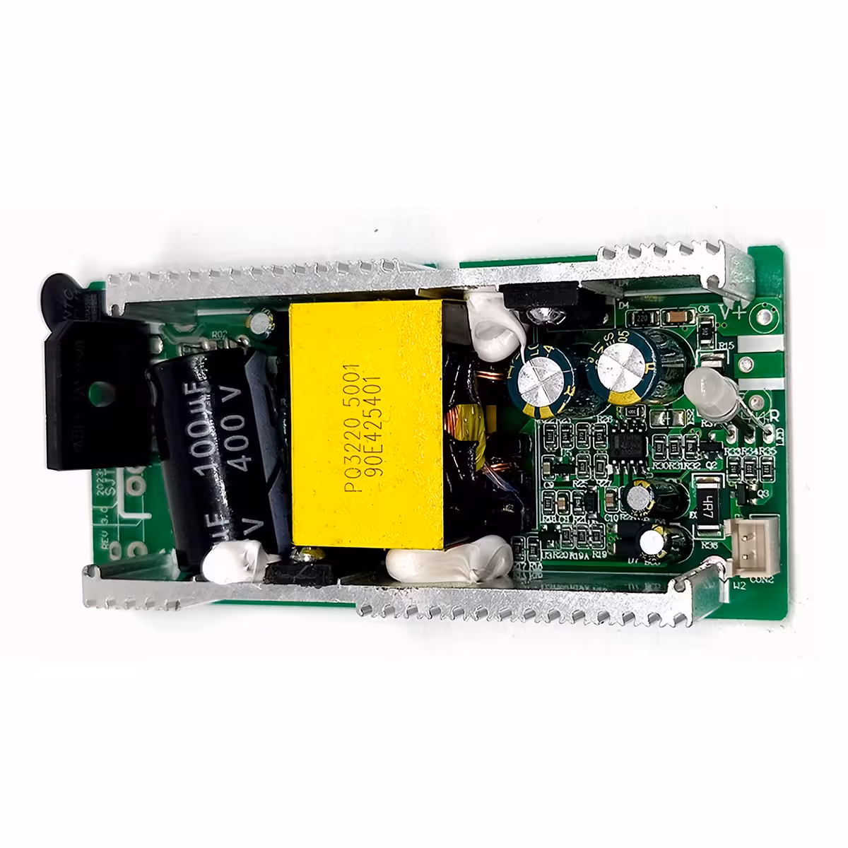 Elektronska plošča v notranjosti polnilca 60V Li-Ion 2A – podrobnosti komponent in zaščit