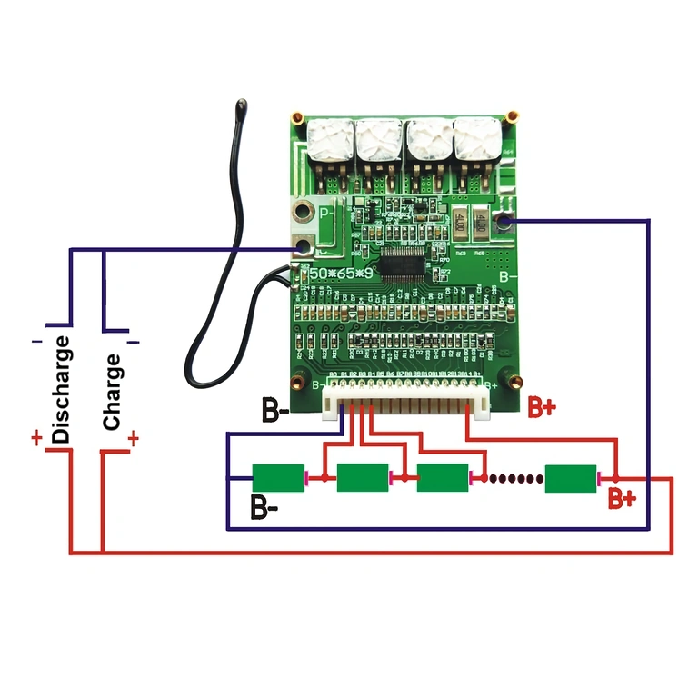 Povezovalna shema BMS 14S 52V Električna shema za povezavo BMS 14S 52V z Li-Ion celicami
