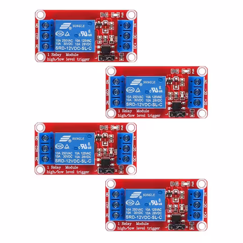 Komplet 4 kosi: relejni modul 5V / 12V z optosklopnikom – 1 kanal, NO/NC, High/Low trigger, 10A