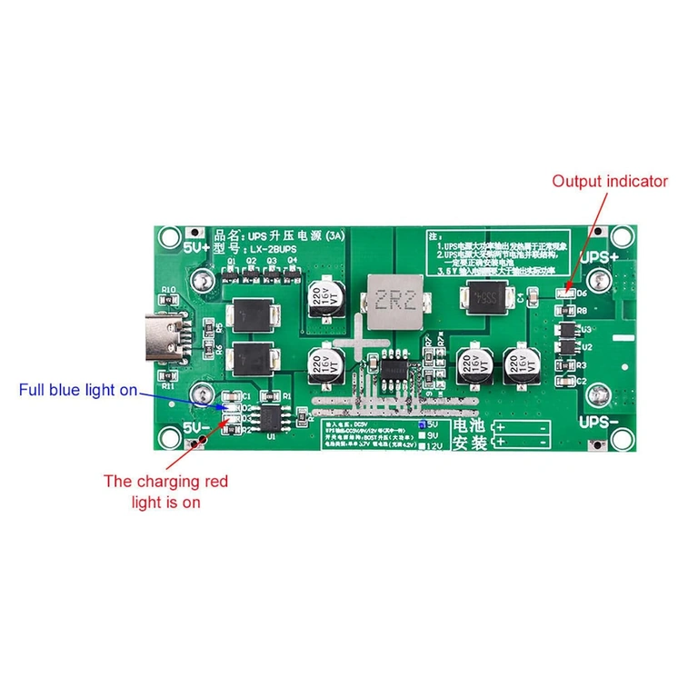 Dvojna rdeča/zelena LED za stanje baterije in polnjenje na mini UPS modulu