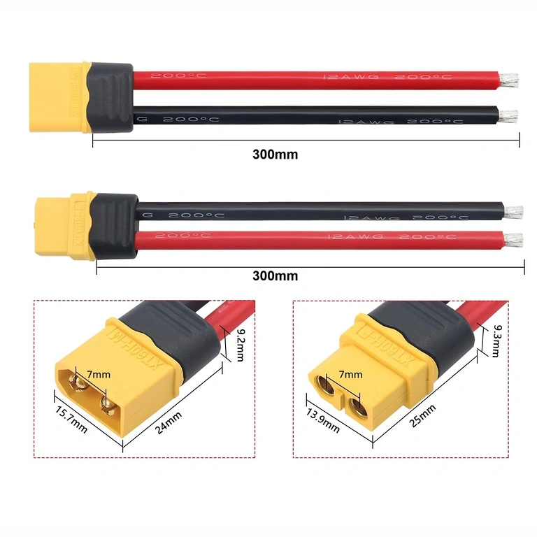 Skica z dimenzijami ženskega in moškega konektorja XT60