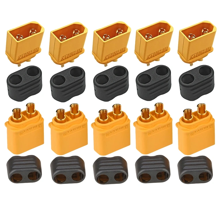 Pogled od zgoraj na set 5 XT60H konektorjev, prikazuje pozlačene kontakte