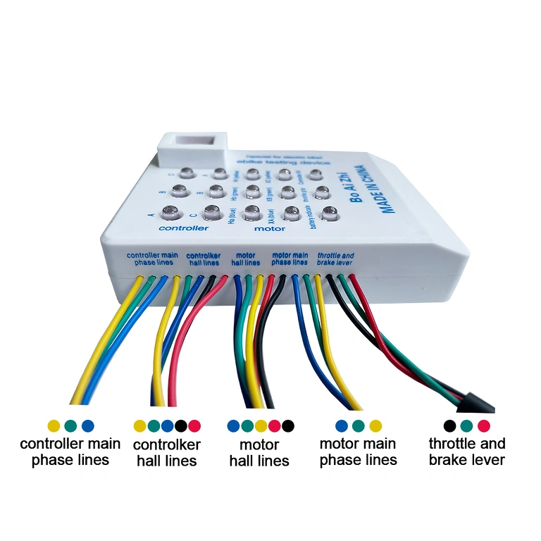 Univerzalni tester – priključki Detajl priključkov univerzalnega testerja za električna kolesa in skiroje